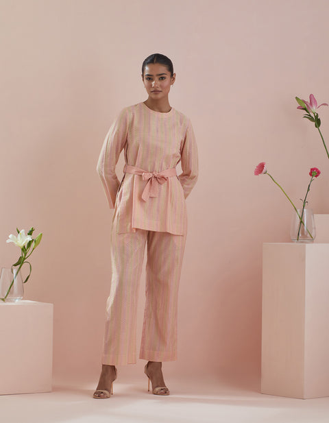 Shop Textured Cotton Tunic with Front Tie & Pants in Peach – Co-ordinate Set of 2 | Vinusto

