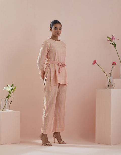 Luxury Textured Cotton Tunic with Front Tie & Pants in Peach – Co-ordinate Set of 2 | Vinusto

