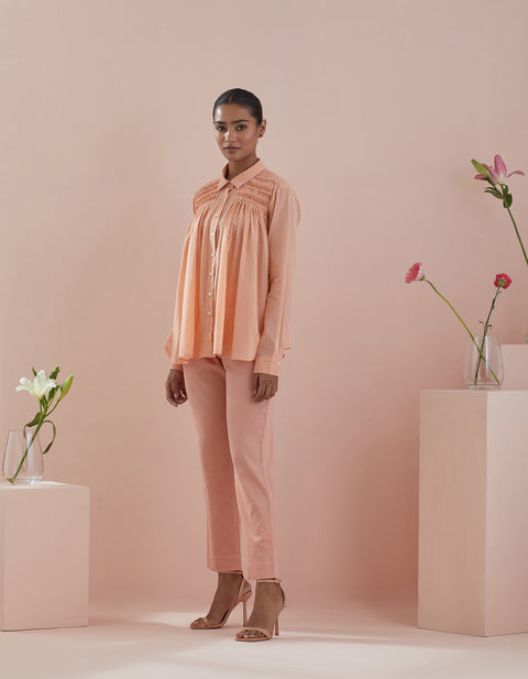 Premium Shirt with Pin-Tuck Details & Pants in Peach – Co-ordinate Set of 2 | Vinusto

