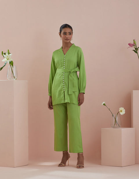 Order Front Open Tunic & Pants in Green Cotton – Co-ordinate Set of 2 | Vinusto

