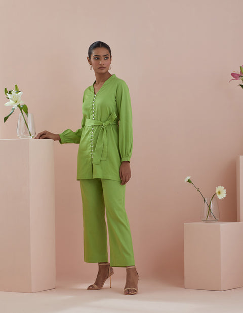 Shop Front Open Tunic & Pants in Green Cotton – Co-ordinate Set of 2 | Vinusto

