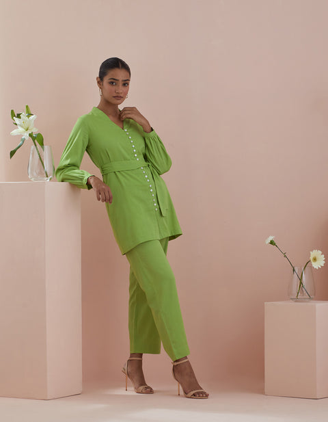 Luxury Front Open Tunic & Pants in Green Cotton – Co-ordinate Set of 2 | Vinusto

