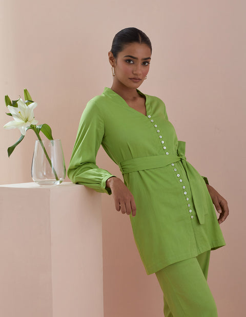 Buy Front Open Tunic & Pants in Green Cotton – Co-ordinate Set of 2 | Vinusto

