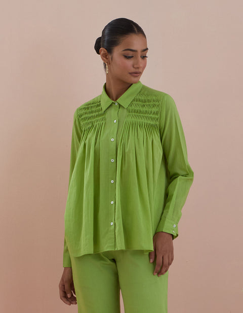 Order Green Cotton Shirt with Pin-Tuck Details & Pants – Co-ordinate Set of 2 | Vinusto

