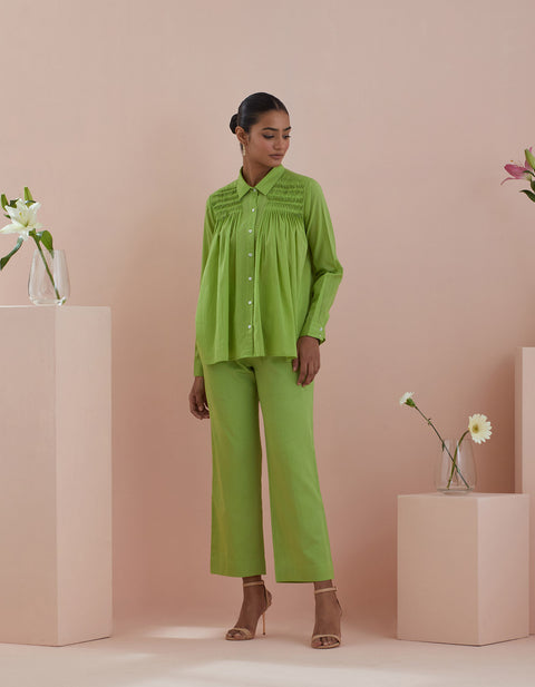 Shop Green Cotton Shirt with Pin-Tuck Details & Pants – Co-ordinate Set of 2 | Vinusto

