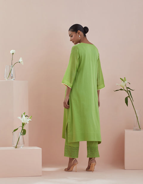 Elegant A line Kurta with Cropped Pants with Lace & Green Cotton Dupatta (Set of 3) - By Vinusto
