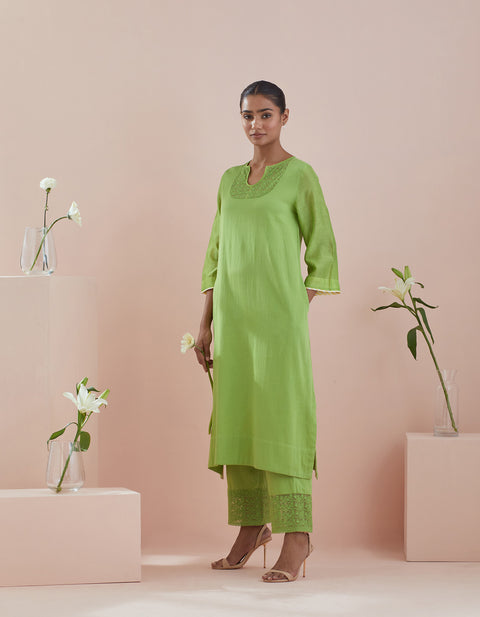 Luxury A line Kurta with Cropped Pants with Lace & Green Cotton Dupatta (Set of 3) - By Vinusto
