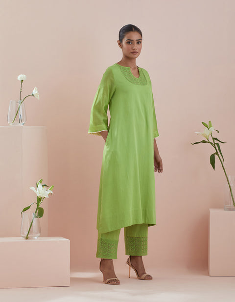 Handcrafted A-Line Kurta with Cropped Pants with Lace Inserts in Green - By Vinusto