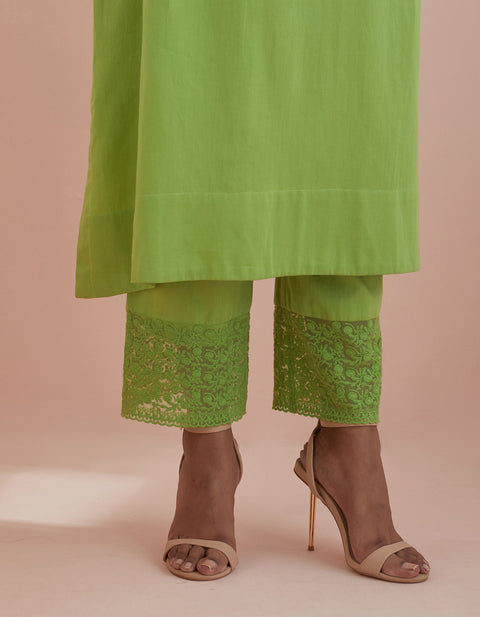 Designer A line Kurta with Cropped Pants with Lace & Green Cotton Dupatta (Set of 3) - By Vinusto
