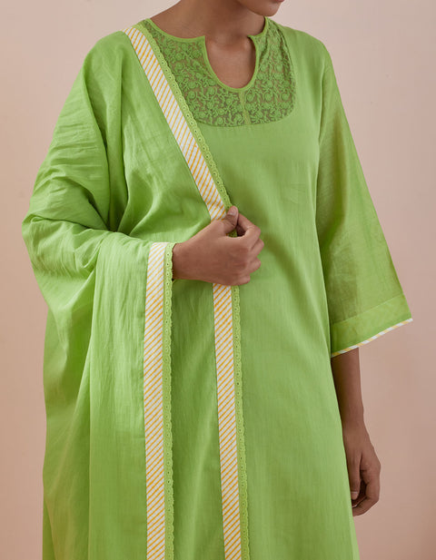 Handcrafted A line Kurta with Cropped Pants with Lace & Green Cotton Dupatta (Set of 3) - By Vinusto
