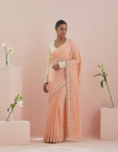 Order Co-ord Set - Cotton Embroidered Saree In Peach With Pinstripe Blouse (Set Of 2) - By Vinusto