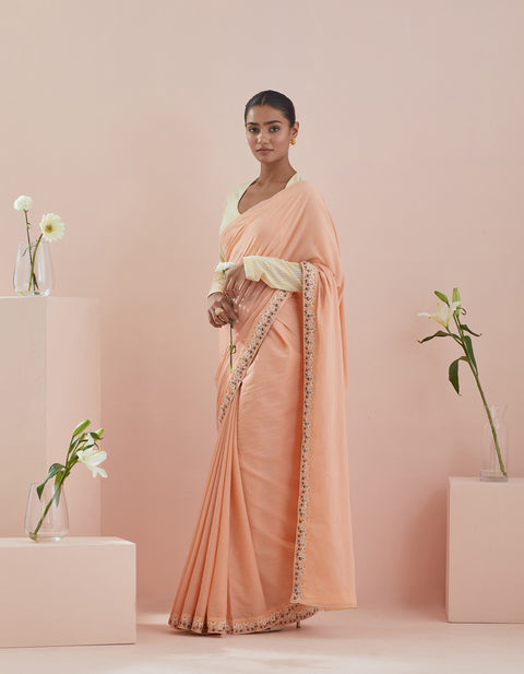 Shop Co-ord Set - Cotton Embroidered Saree In Peach With Pinstripe Blouse (Set Of 2)at Best Price online - By Vinusto