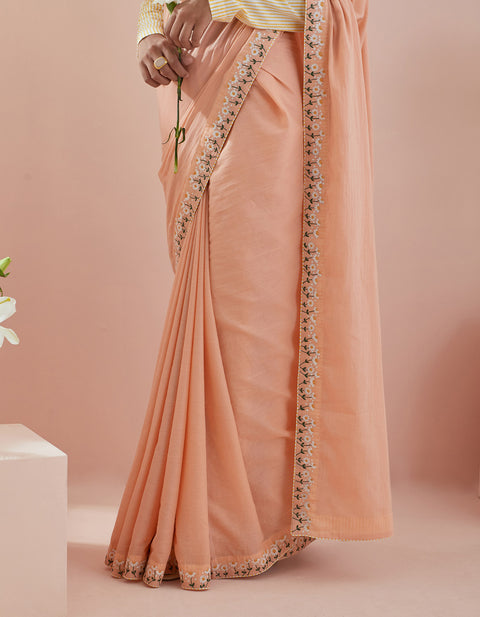 Designer Co-ord Set - Cotton Embroidered Saree In Peach With Pinstripe Blouse (Set Of 2) - By Vinusto