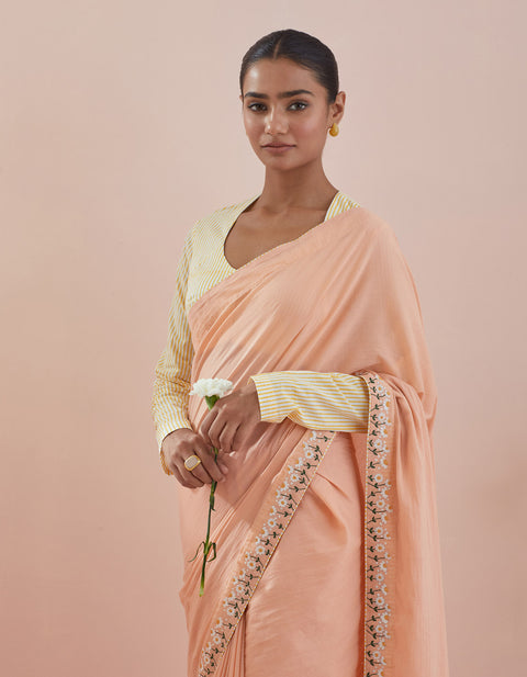 Buy Co-ord Set - Cotton Embroidered Saree In Peach With Pinstripe Blouse (Set Of 2) - By Vinusto