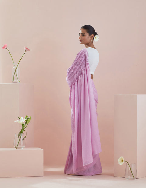 Designer Pin Tuck Saree In Pink Cotton - By Vinusto