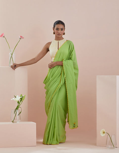 Order Co-Ord Set- Green Cotton Saree With Green Embroidery And Pinstripe Blouse (Set Of 2) - By Vinusto