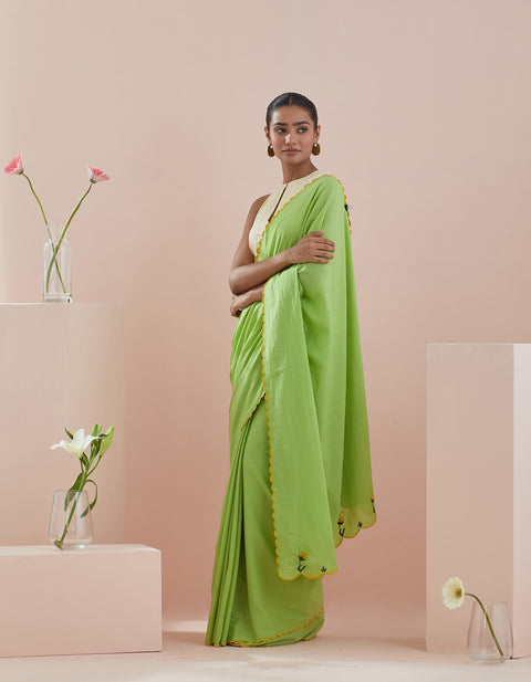 Buy Co-Ord Set- Green Cotton Saree With Green Embroidery And Pinstripe Blouse (Set Of 2) - By Vinusto