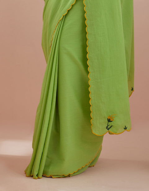 Designer Embroidered Saree In Green Cotton - By Vinusto