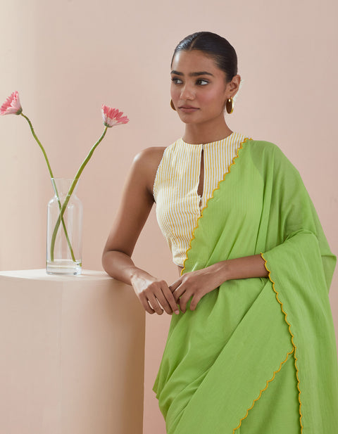 Shop Co-Ord Set- Green Cotton Saree With Green Embroidery And Pinstripe Blouse (Set Of 2)at Best Price online - By Vinusto