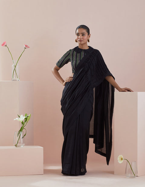 Order Co-Ord Set - Chanderi Saree With Textured Cotton Blouse In Black (Set Of 2) - By Vinusto