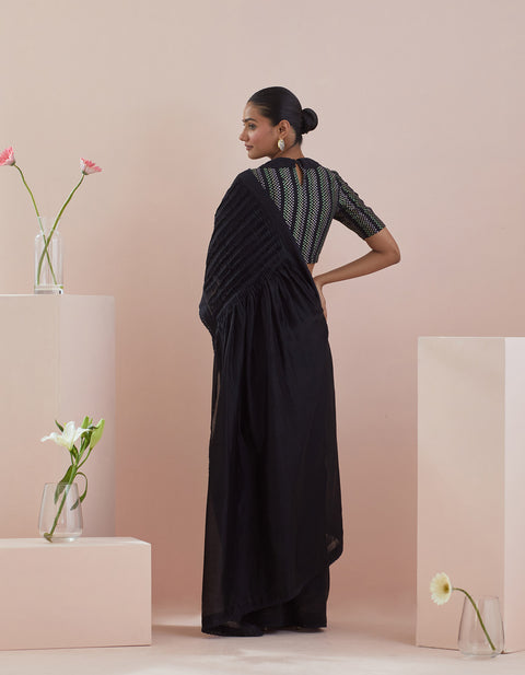 Handcrafted Pure Co-Ord Set - Chanderi Saree With Textured Cotton Blouse In Black (Set Of 2) - By Vinusto