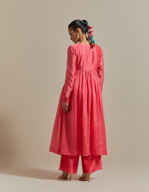 Embroidered Pink Anarkali and Pants with Color Blocked Dupatta in Chanderi Handloom (Set of 3)