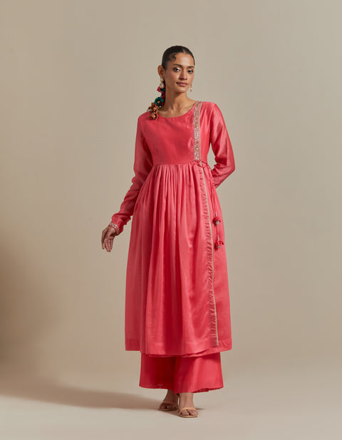 Embroidered Pink Anarkali and Pants with Color Blocked Dupatta in Chanderi Handloom (Set of 3)