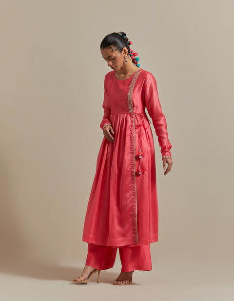 Embroidered Pink Anarkali and Pants with Color Blocked Dupatta in Chanderi Handloom (Set of 3)