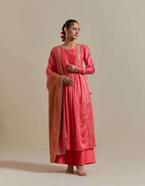 Embroidered Pink Anarkali and Pants with Color Blocked Dupatta in Chanderi Handloom (Set of 3)