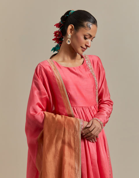 Embroidered Pink Anarkali and Pants with Color Blocked Dupatta in Chanderi Handloom (Set of 3)