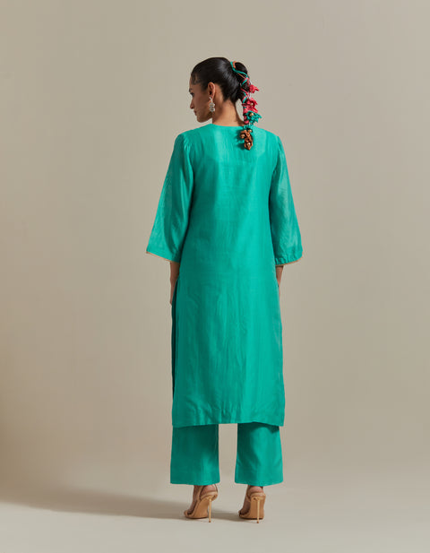 Embroidered Straight Kurta with Pants and Dupatta in Aqua Chanderi Handloom (Set of 3)