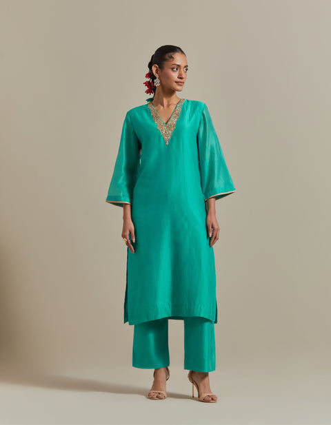 Embroidered Straight Kurta with Pants and Dupatta in Aqua Chanderi Handloom (Set of 3)