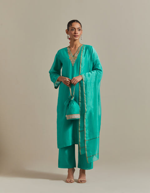 Embroidered Straight Kurta with Pants and Dupatta in Aqua Chanderi Handloom (Set of 3)