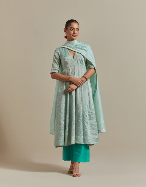 Mint Zari Anarkali with Aqua Pants and Dupatta in Chanderi Handloom (Set of 3)