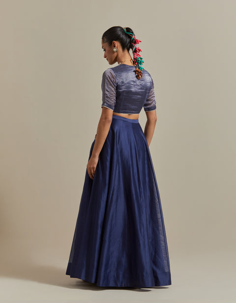 Handcraft Embroidered Blue Chanderi Skirt with Color Block Dupatta in Blue & Aqua – Vinusto

