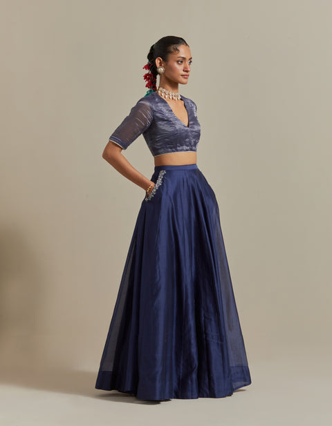 Premium Embroidered Blue Chanderi Skirt with Color Block Dupatta in Blue & Aqua – Vinusto

