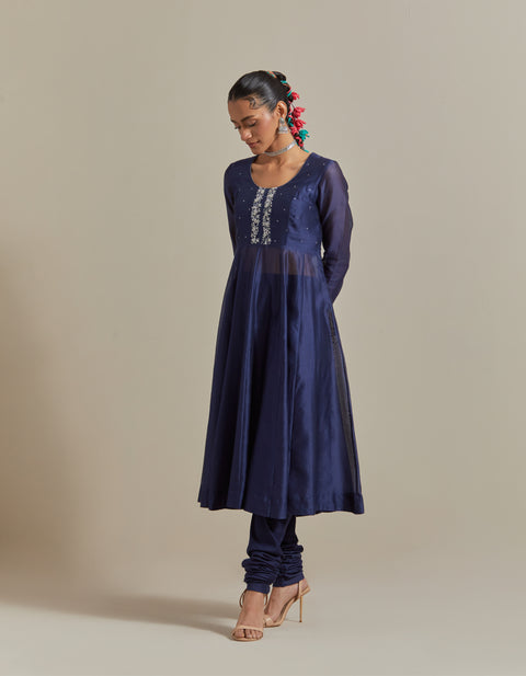 Embroidered Blue Chanderi Anarkali Kurta Set with Silver Zari Stripe Dupatta (Set of 3)