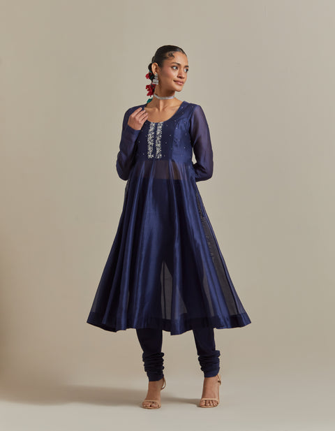 Embroidered Blue Chanderi Anarkali Kurta Set with Silver Zari Stripe Dupatta (Set of 3)