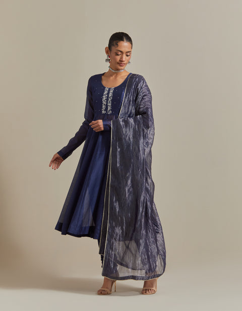 Embroidered Blue Chanderi Anarkali Kurta Set with Silver Zari Stripe Dupatta (Set of 3)