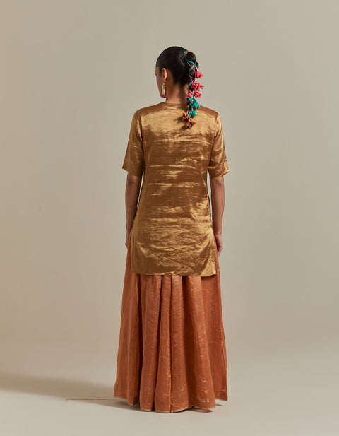 Gold Zari Silk Kurta with Stipe Sharara and Dupatta in Saffron Brown Chanderi Handloom (Set of 3)