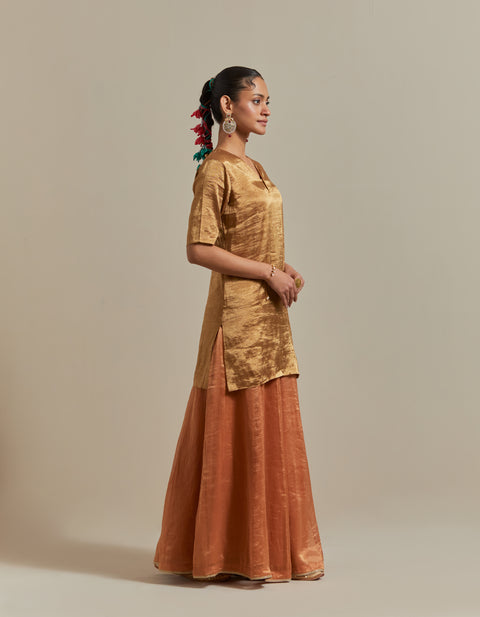 Gold Zari Silk Kurta with Stipe Sharara and Dupatta in Saffron Brown Chanderi Handloom (Set of 3)