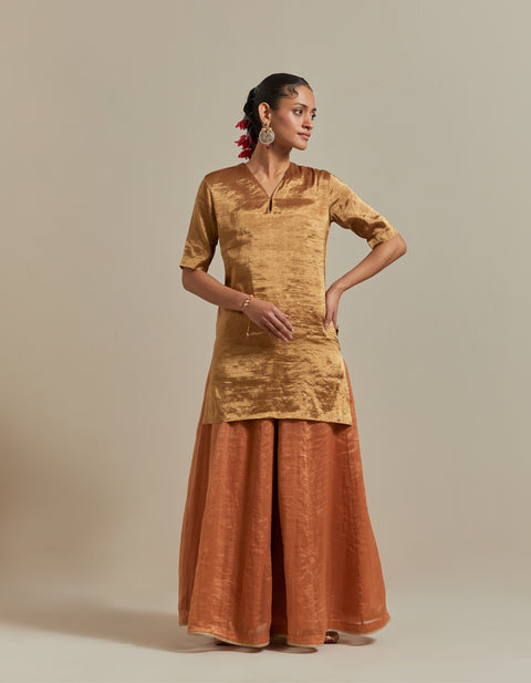 Gold Zari Silk Kurta with Stipe Sharara and Dupatta in Saffron Brown Chanderi Handloom (Set of 3)