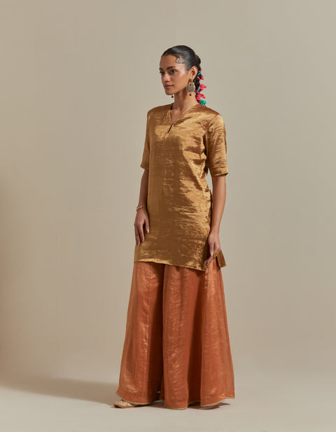 Gold Zari Silk Kurta with Stipe Sharara and Dupatta in Saffron Brown Chanderi Handloom (Set of 3)