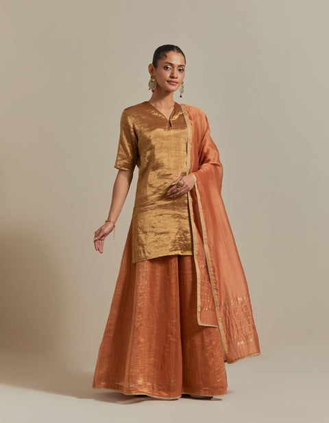 Gold Zari Silk Kurta with Stipe Sharara and Dupatta in Saffron Brown Chanderi Handloom (Set of 3)