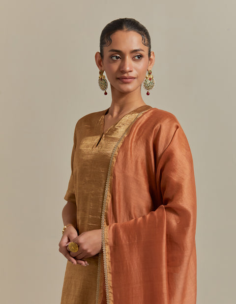 Gold Zari Silk Kurta with Stipe Sharara and Dupatta in Saffron Brown Chanderi Handloom (Set of 3)