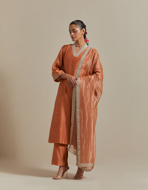 Saffron Brown Chanderi Kurta Set with Zari Striped Dupatta (Set of 3)