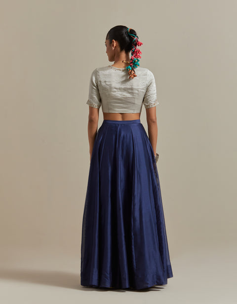 Handcraft Blue Embroidered Skirt & Silver Zari Blouse with Striped Dupatta – Vinusto

