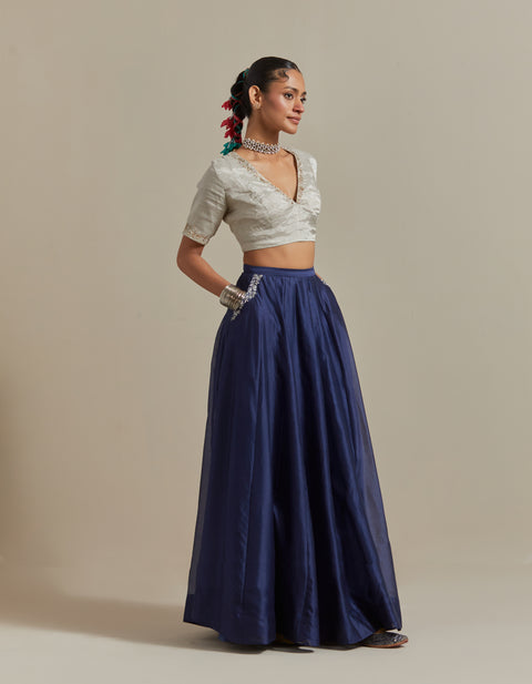 Premium Blue Embroidered Skirt & Silver Zari Blouse with Striped Dupatta – Vinusto

