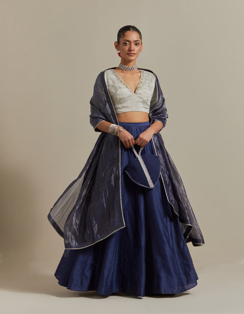 Shop Blue Embroidered Skirt & Silver Zari Blouse with Striped Dupatta – Vinusto

