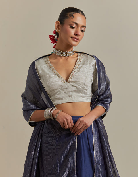 Order Blue Embroidered Skirt & Silver Zari Blouse with Striped Dupatta – Vinusto

